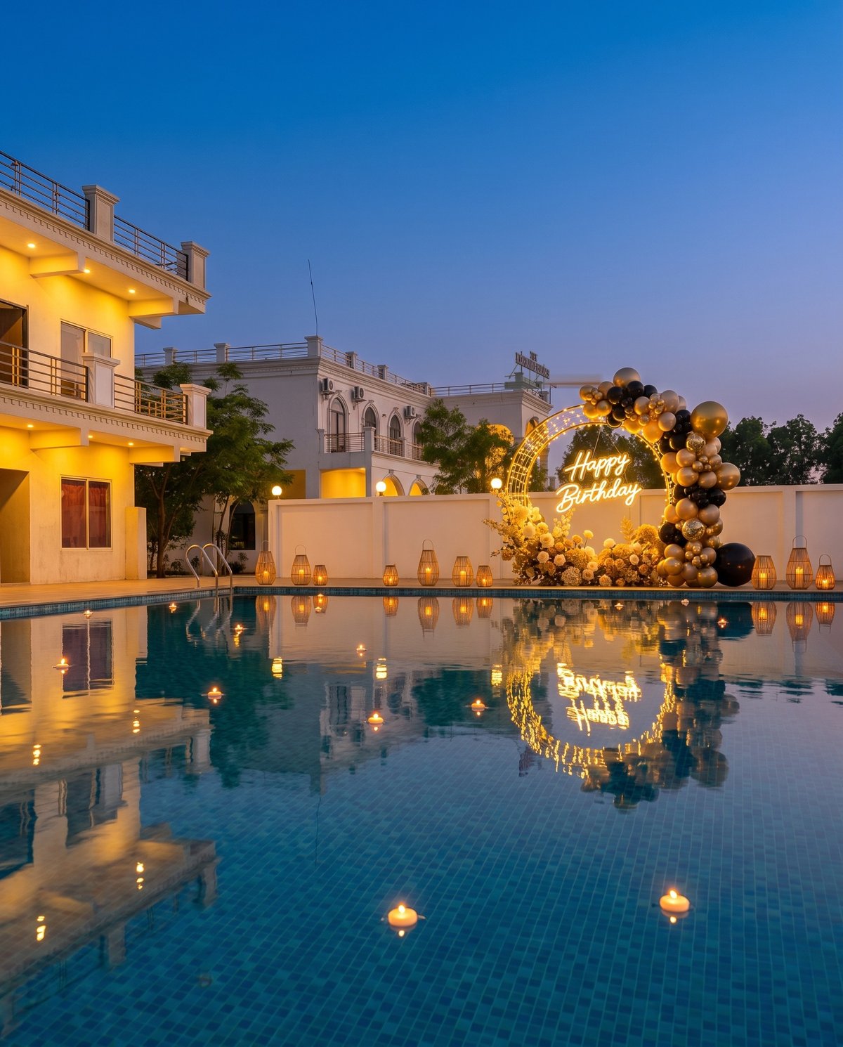 Golden neon birthday setup by the pool at dusk in Sehore
