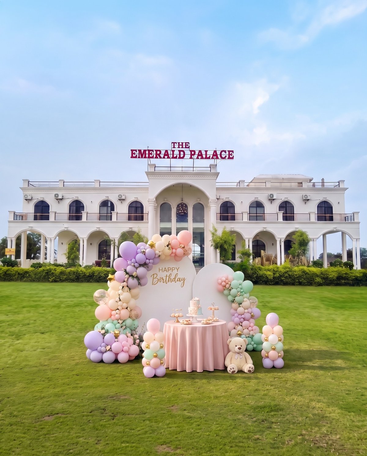 Pastel balloon birthday decor on the palace lawn near Bhopal