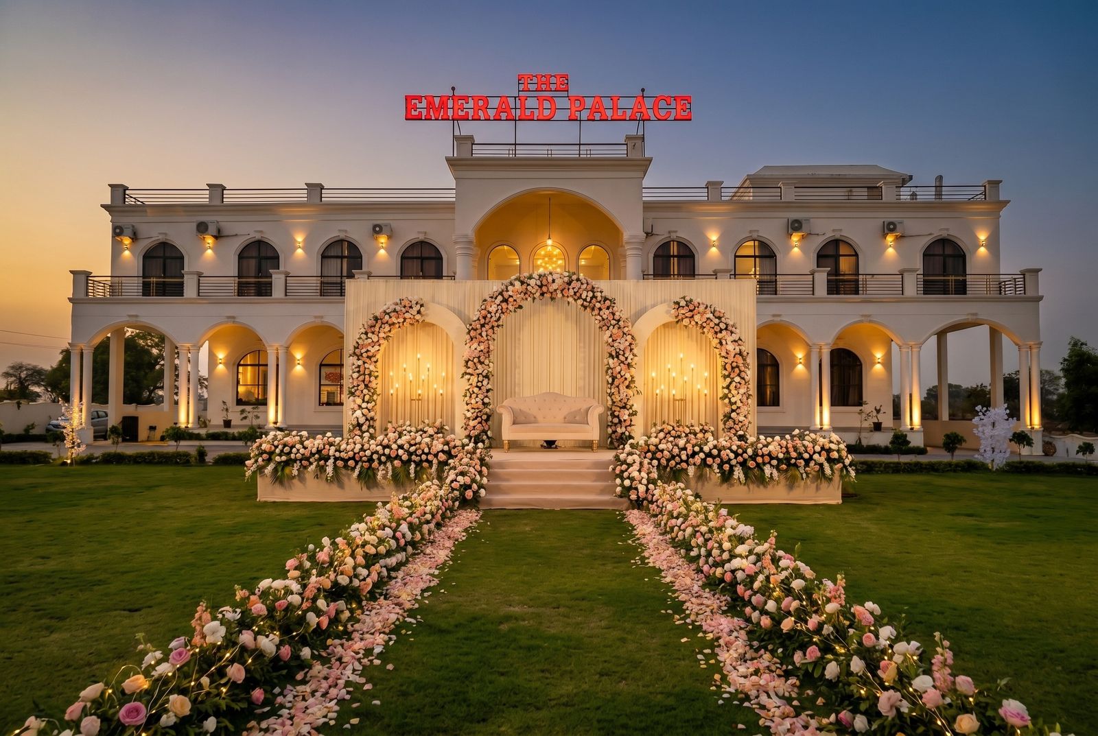 Reception decor concept on the lawn at dusk