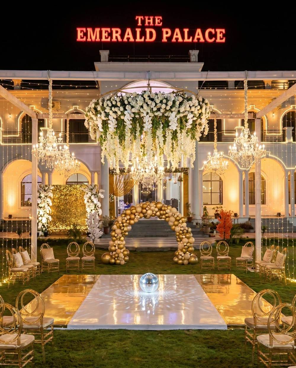 White and gold sangeet night set-up